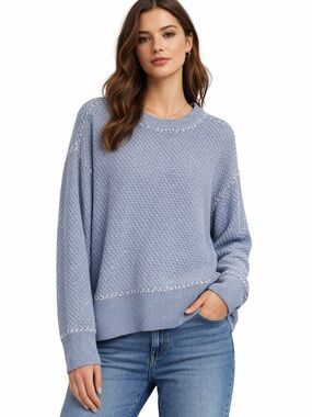 Aqua Light Blue Textured Whipstitch Crewneck Sweater, Size XL
